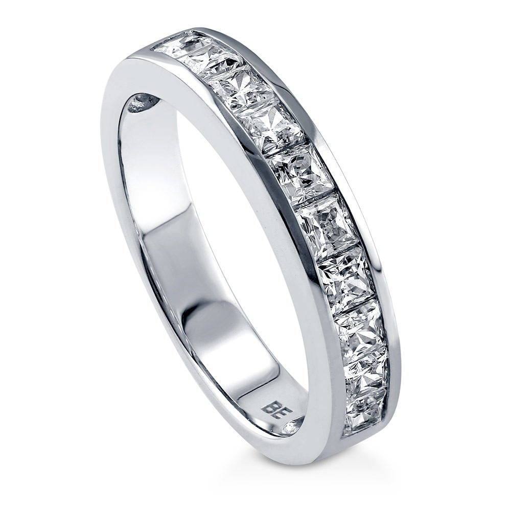 Channel Set Princess CZ Half Eternity Ring in Sterling Silver, front view
