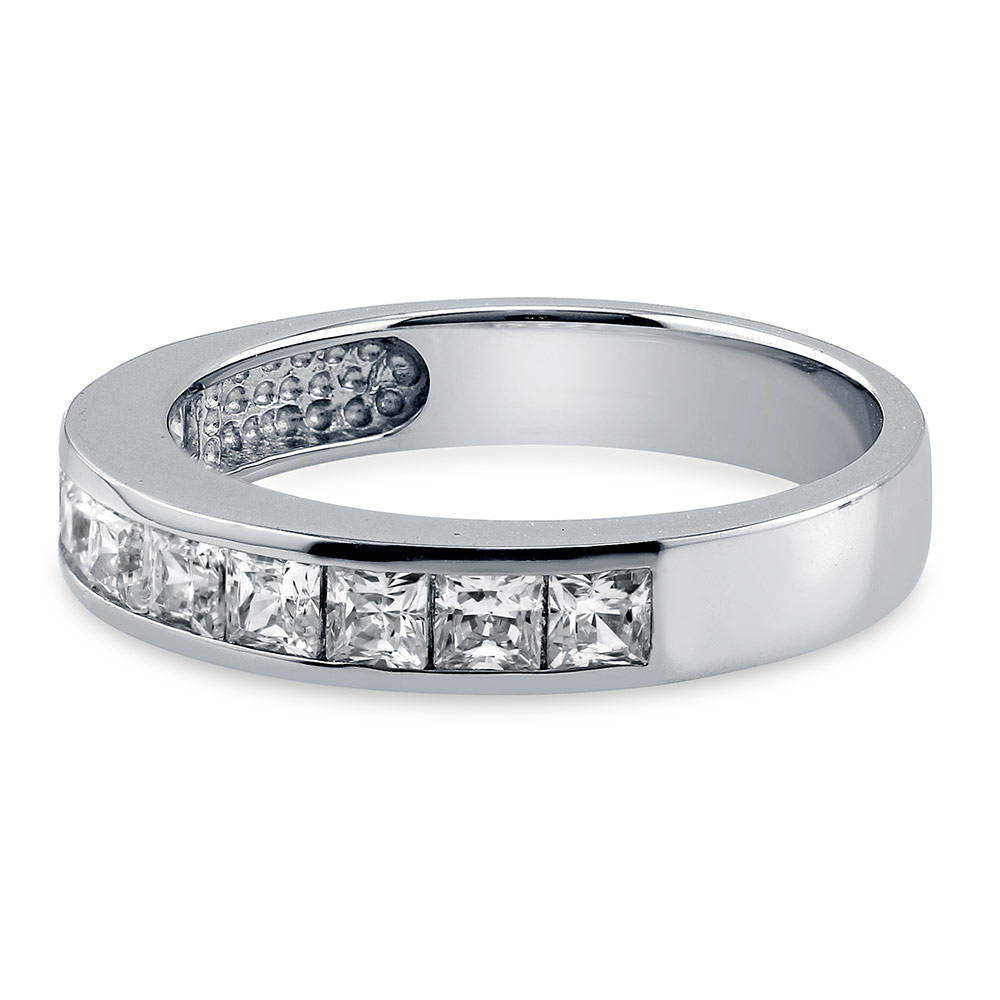 Angle view of Channel Set Princess CZ Half Eternity Ring in Sterling Silver