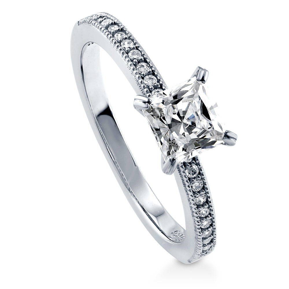 Front view of Solitaire 1ct Princess CZ Ring in Sterling Silver, 4 of 7