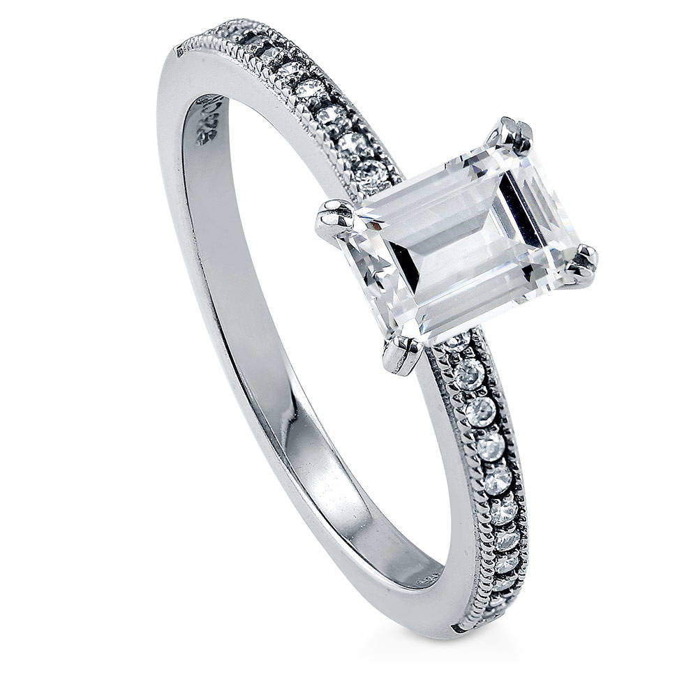 Front view of Solitaire 1ct Emerald Cut CZ Ring in Sterling Silver
