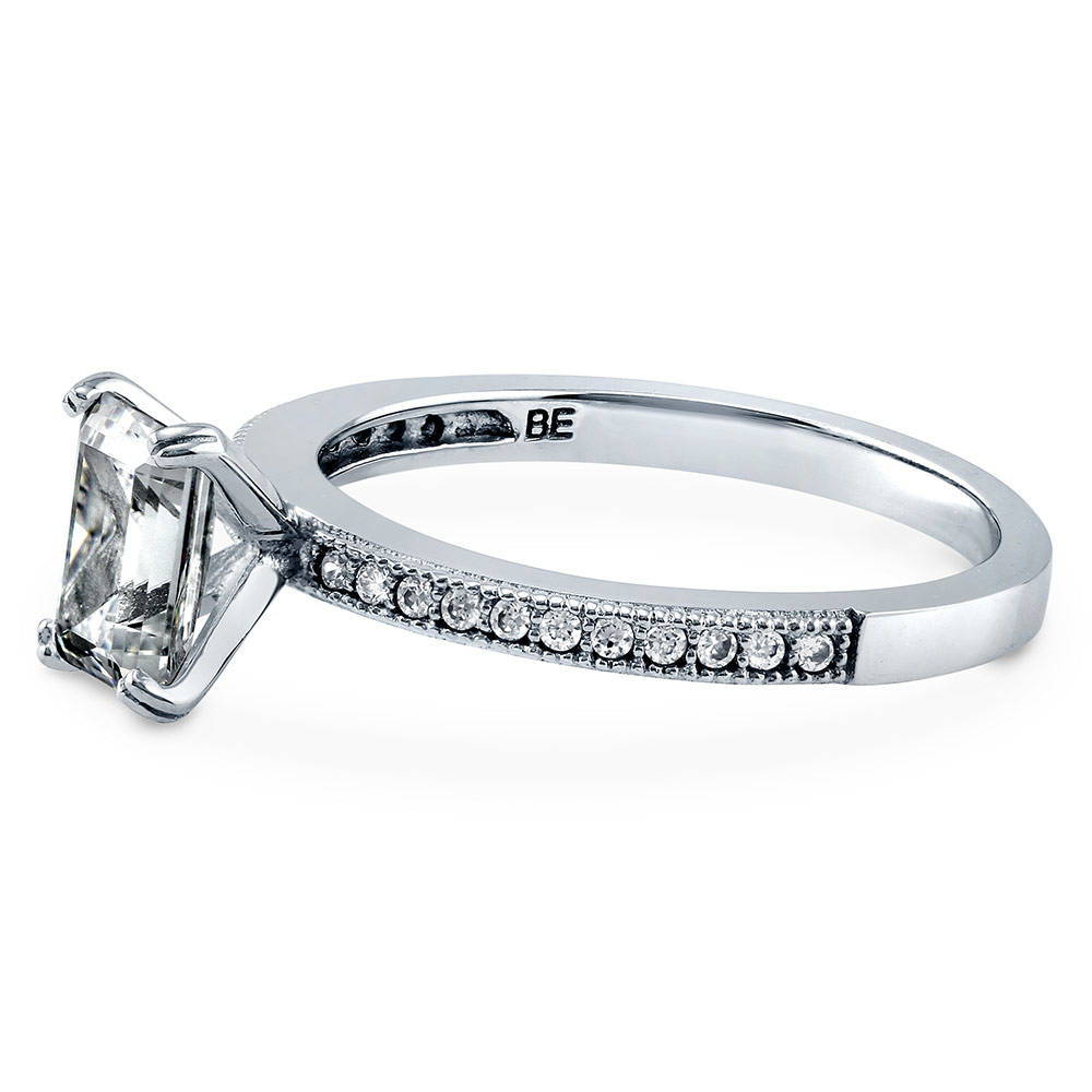 Side view of Solitaire 1ct Emerald Cut CZ Ring in Sterling Silver