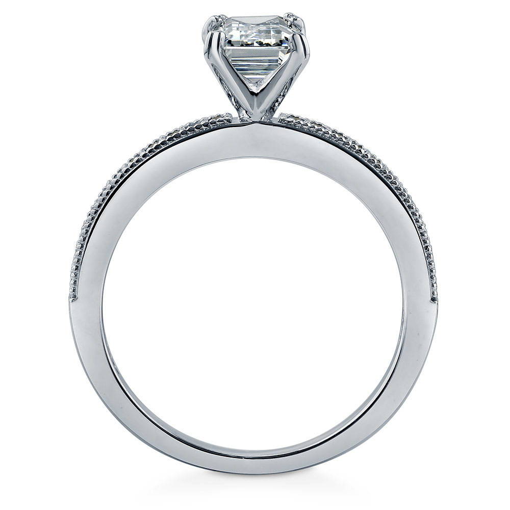 Angle view of Solitaire 1ct Emerald Cut CZ Ring in Sterling Silver