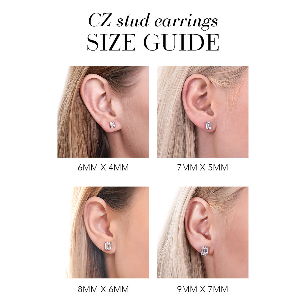 CZ stud earrings size guide for emerald-cut