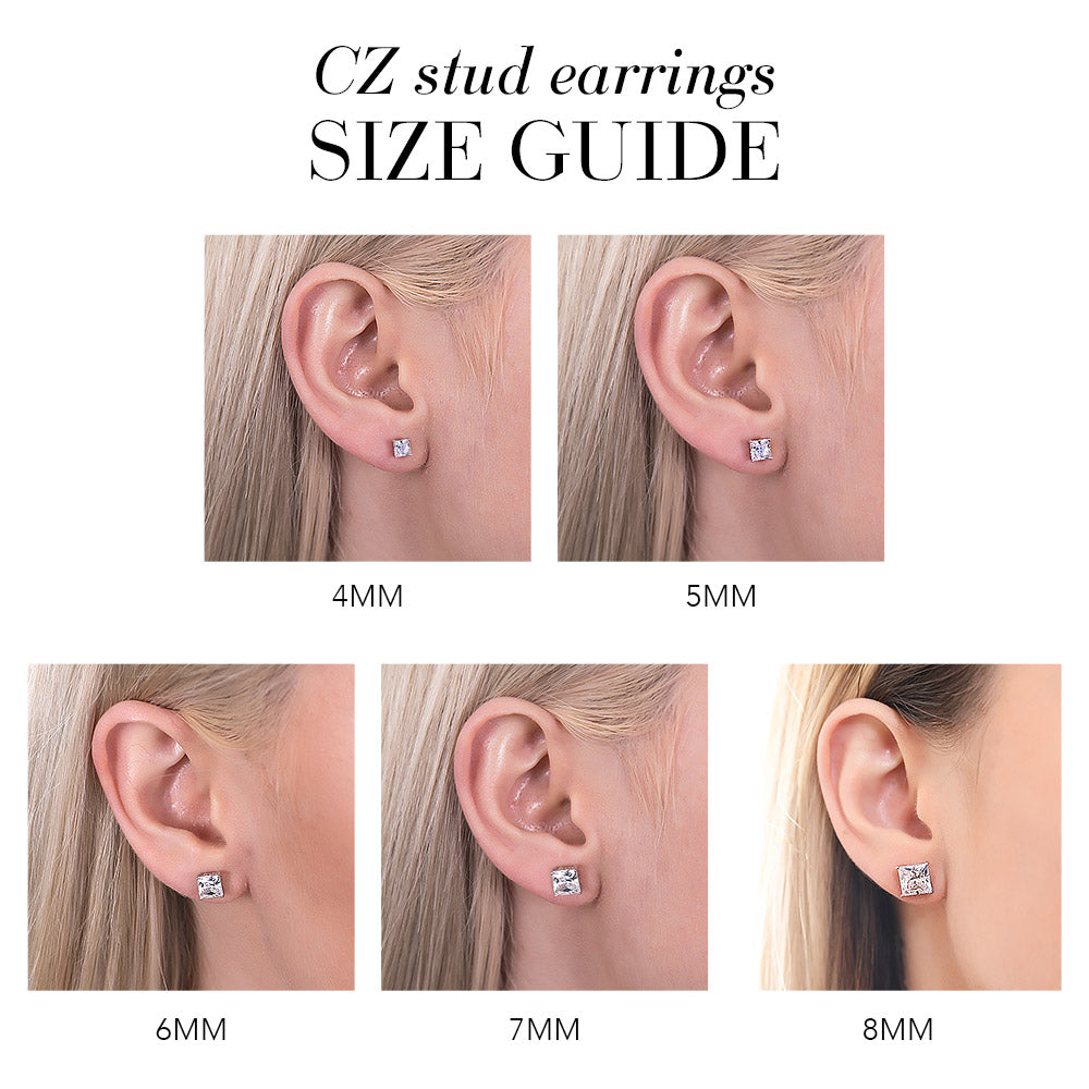CZ stud earrings size guide for princess cut