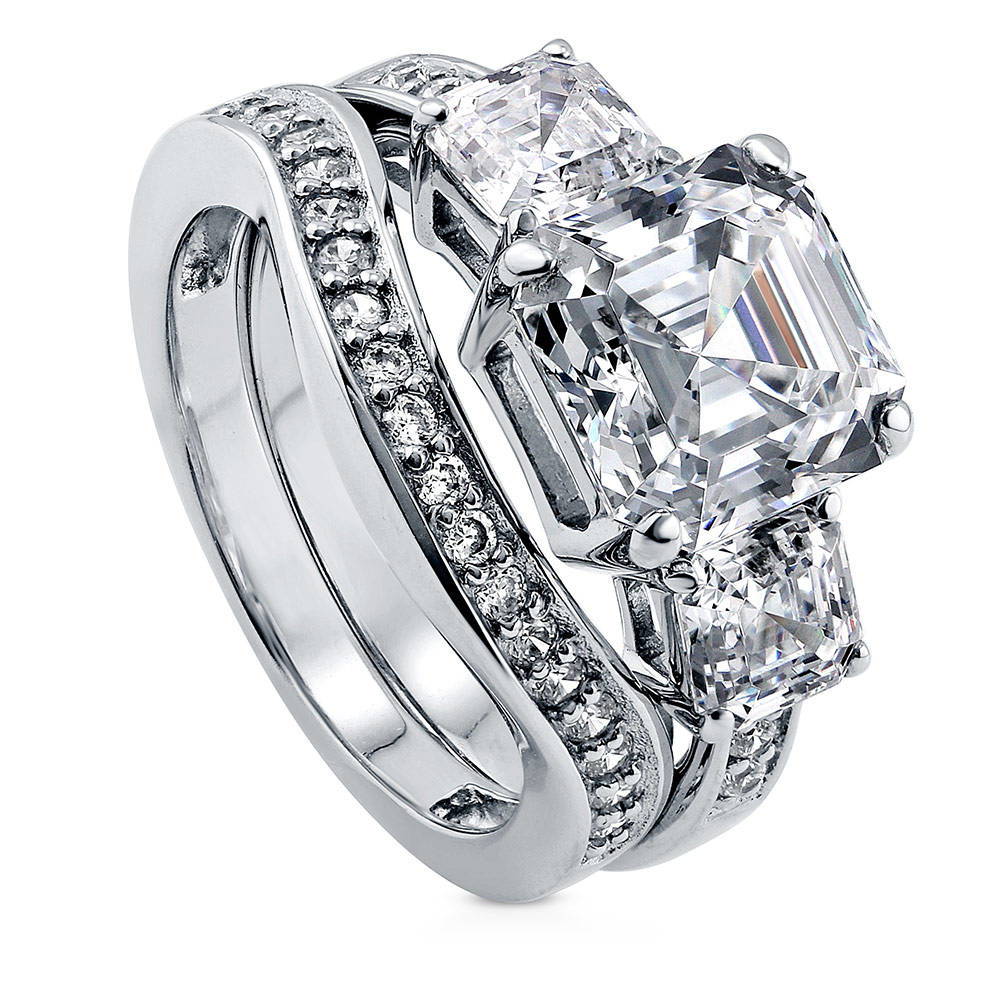 Front view of 3-Stone Asscher CZ Ring Set in Sterling Silver