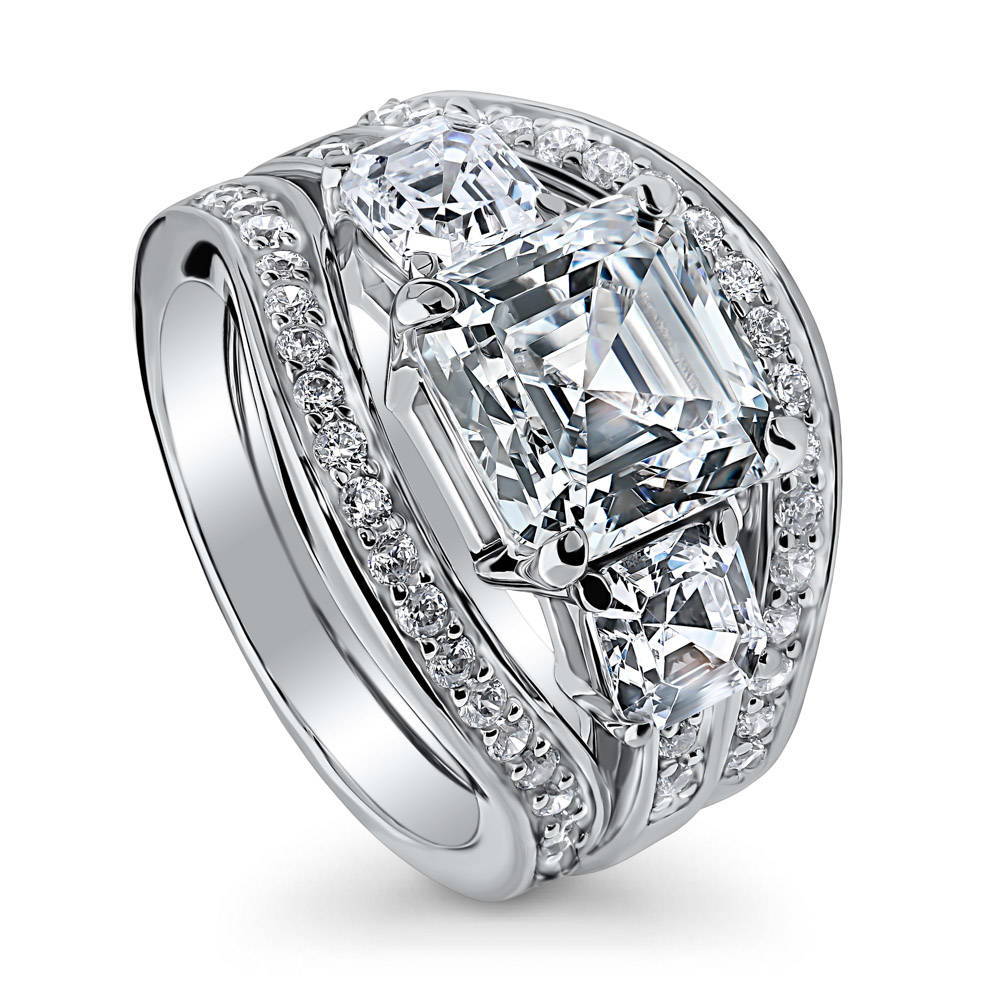 Front view of 3-Stone Asscher CZ Ring Set in Sterling Silver, 3 of 9