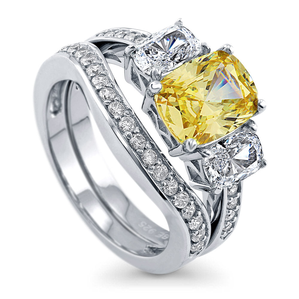 Front view of 3-Stone Canary Yellow Cushion CZ Ring Set in Sterling Silver