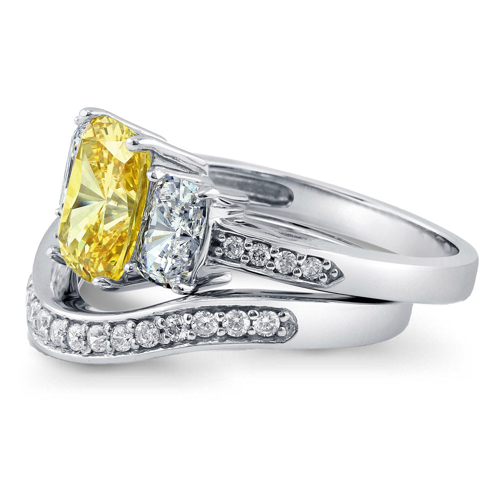 Angle view of 3-Stone Canary Yellow Cushion CZ Ring Set in Sterling Silver