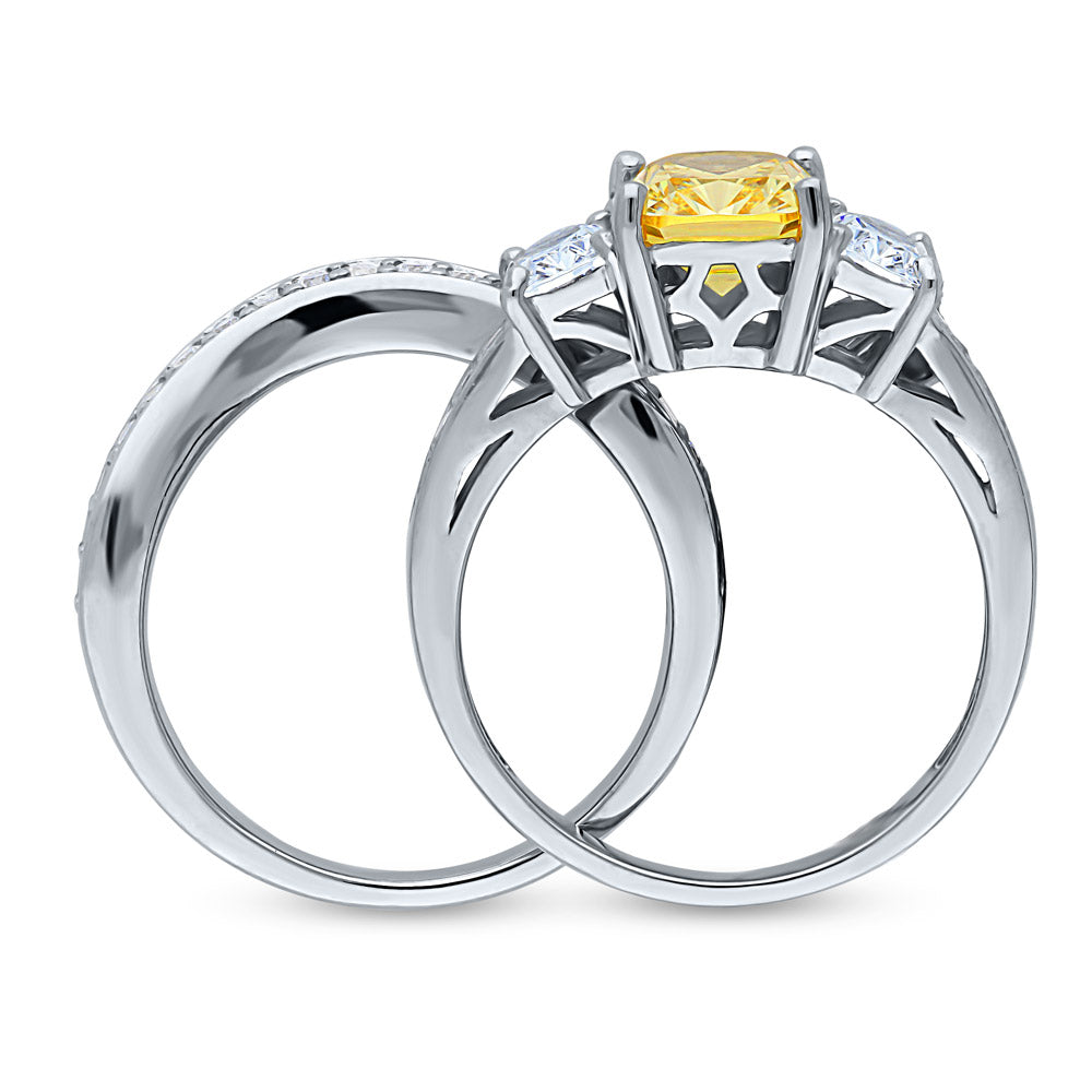 3-Stone Canary Yellow Cushion CZ Ring Set in Sterling Silver, alternate view