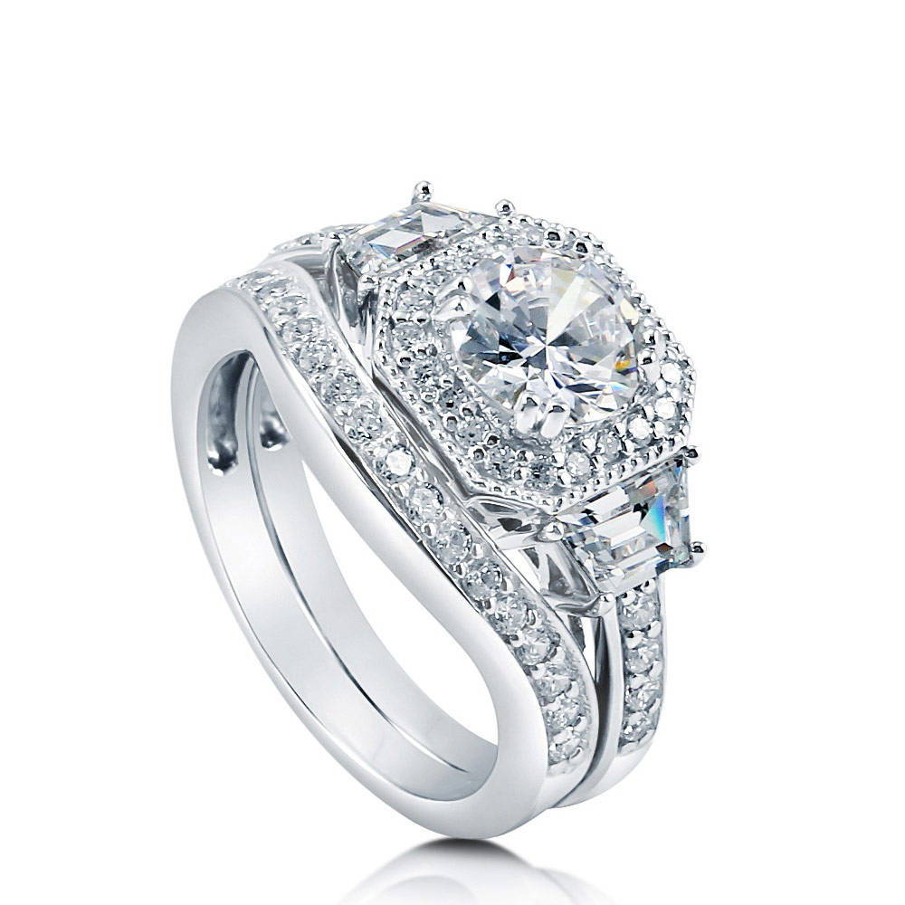 Front view of Halo Art Deco Round CZ Ring Set in Sterling Silver