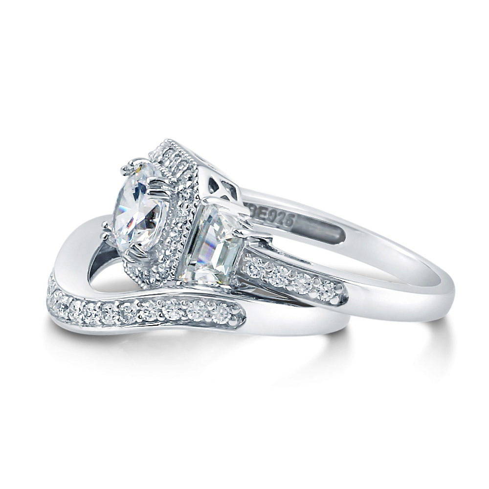 Angle view of Halo Art Deco Round CZ Ring Set in Sterling Silver