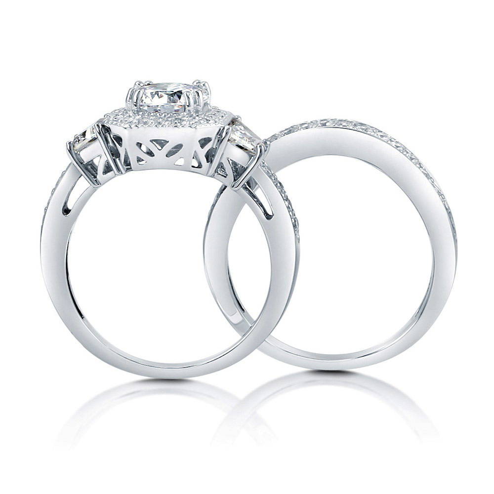 Alternate view of Halo Art Deco Round CZ Ring Set in Sterling Silver