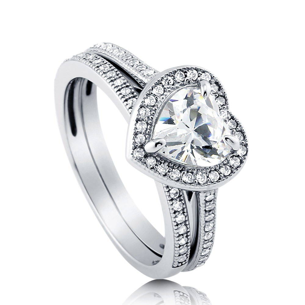 Halo Heart CZ Ring Set in Sterling Silver
