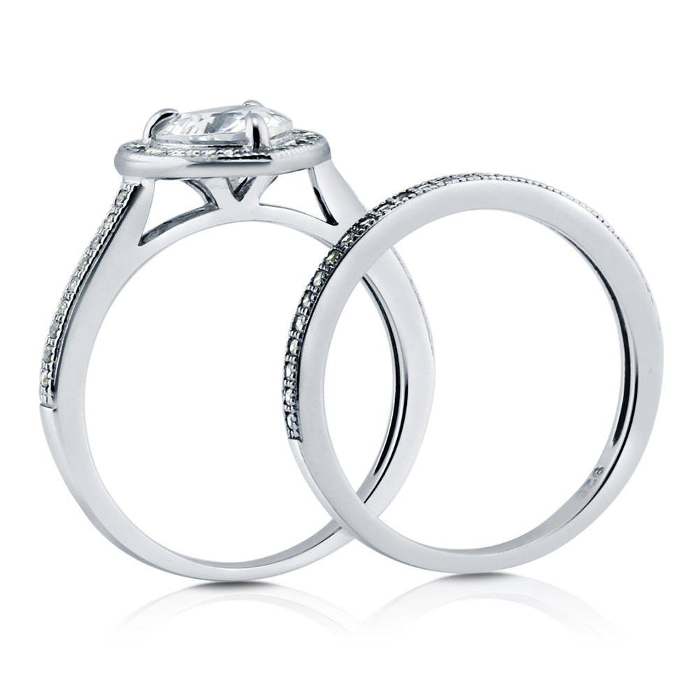 Halo Heart CZ Ring Set in Sterling Silver