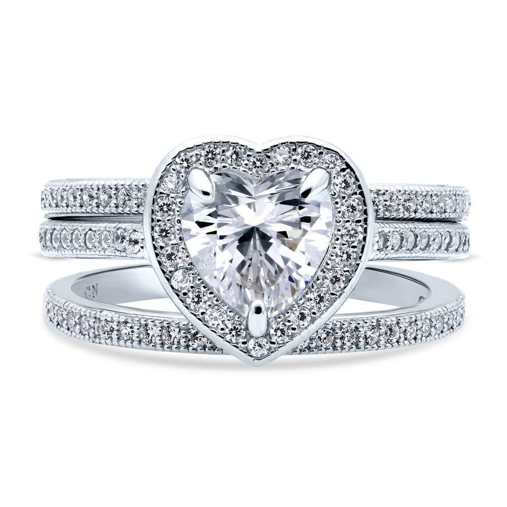 Halo Heart CZ Ring Set in Sterling Silver