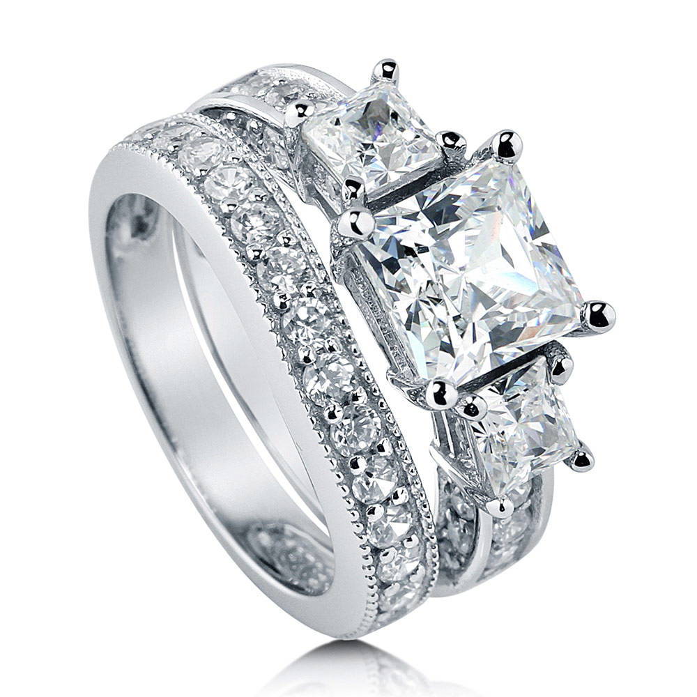 Front view of 3-Stone Princess CZ Ring Set in Sterling Silver