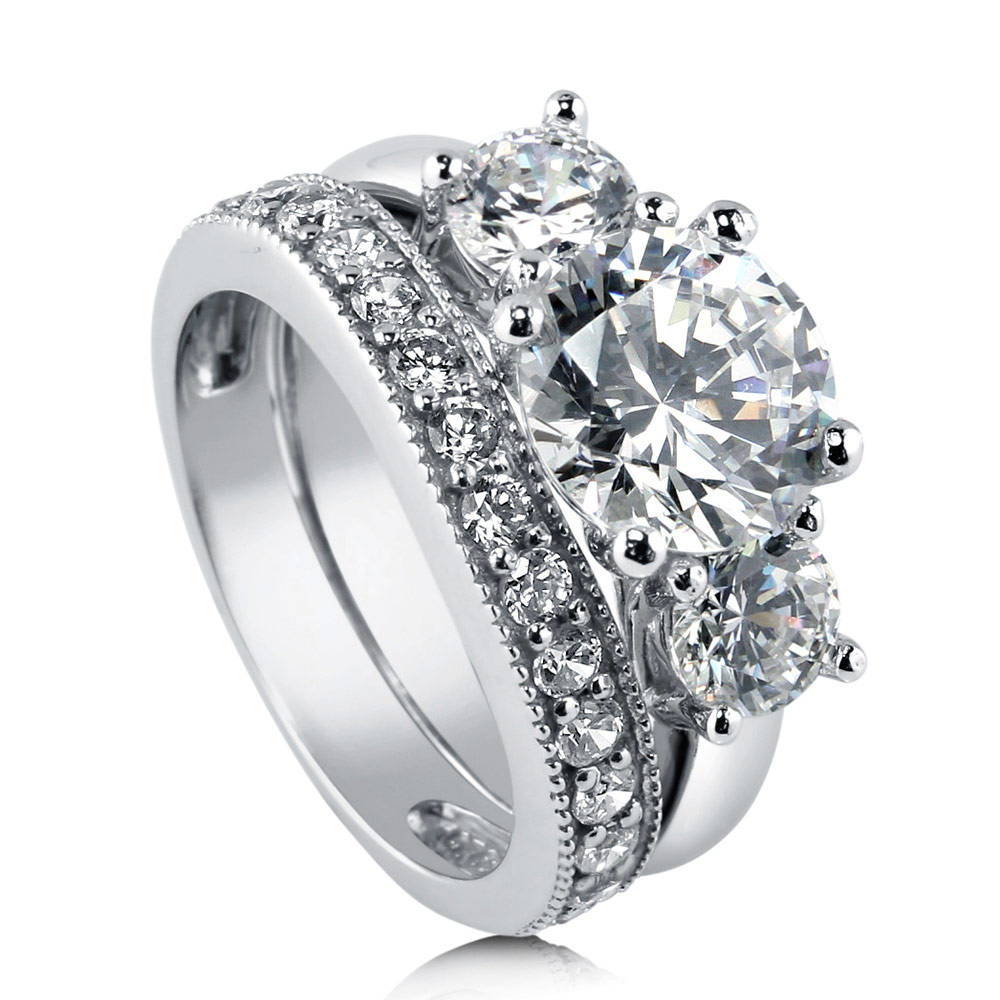 Front view of 3-Stone Round CZ Ring Set in Sterling Silver