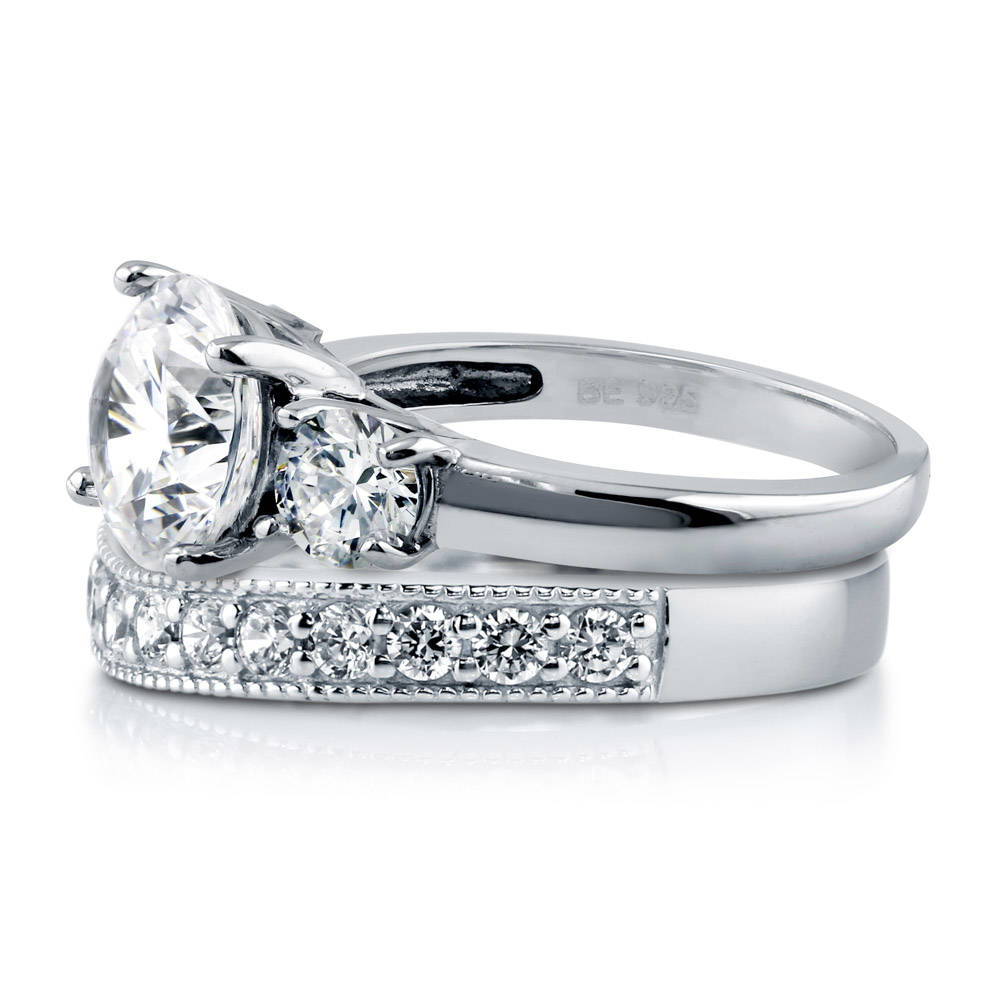 Angle view of 3-Stone Round CZ Ring Set in Sterling Silver