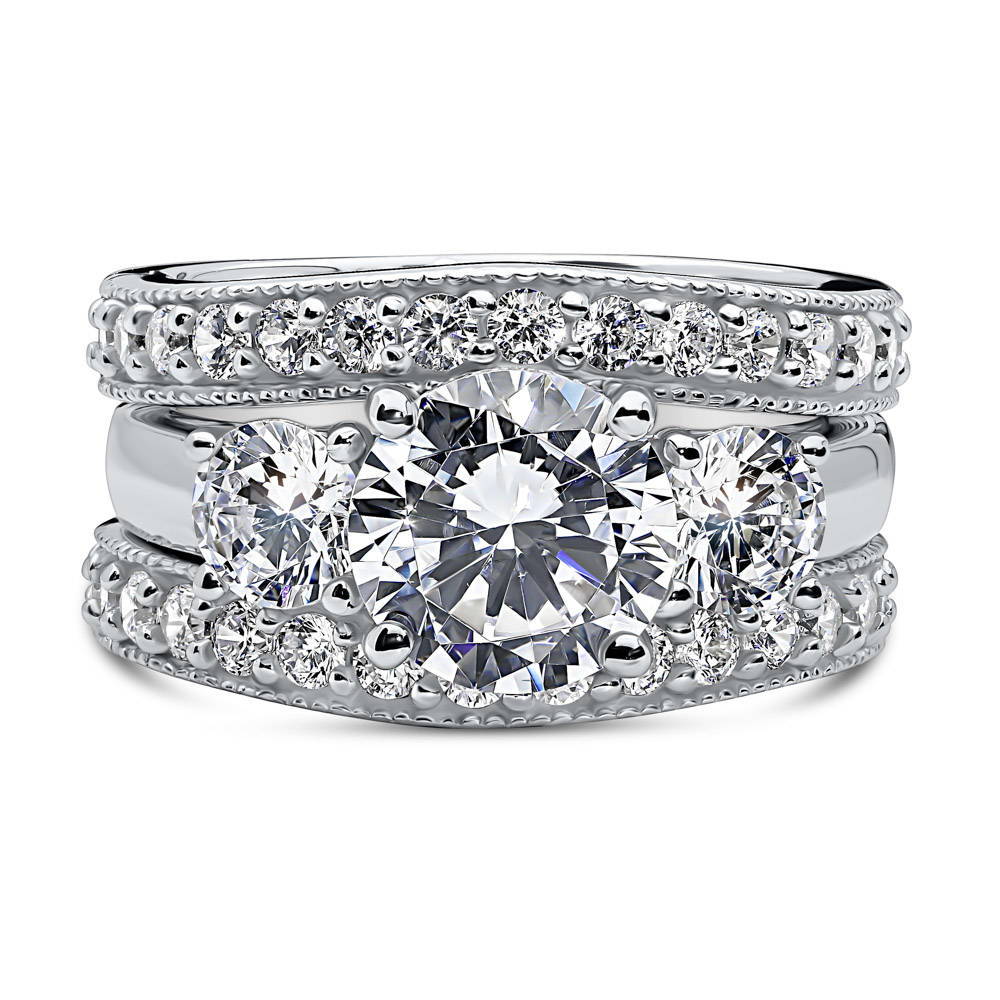 Sterling Silver 3-Stone Round CZ Wedding Engagement Ring Set