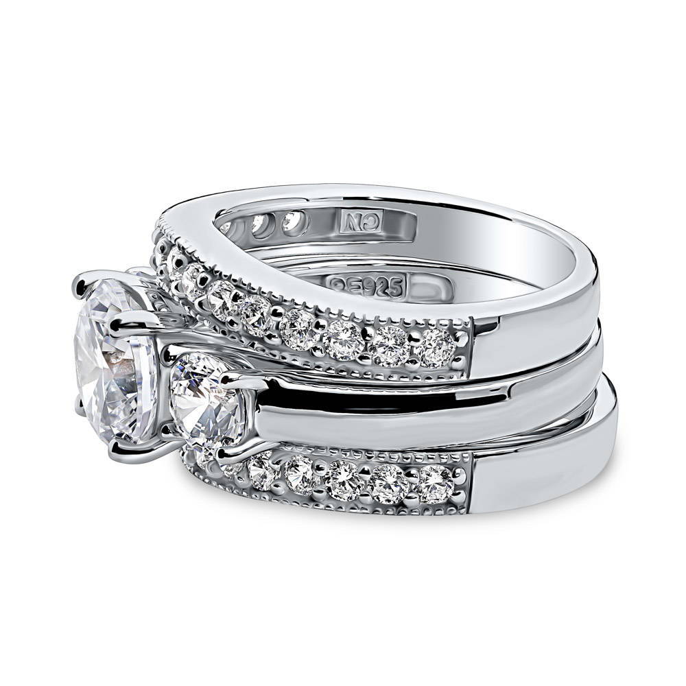 Angle view of 3-Stone Round CZ Ring Set in Sterling Silver, 4 of 12