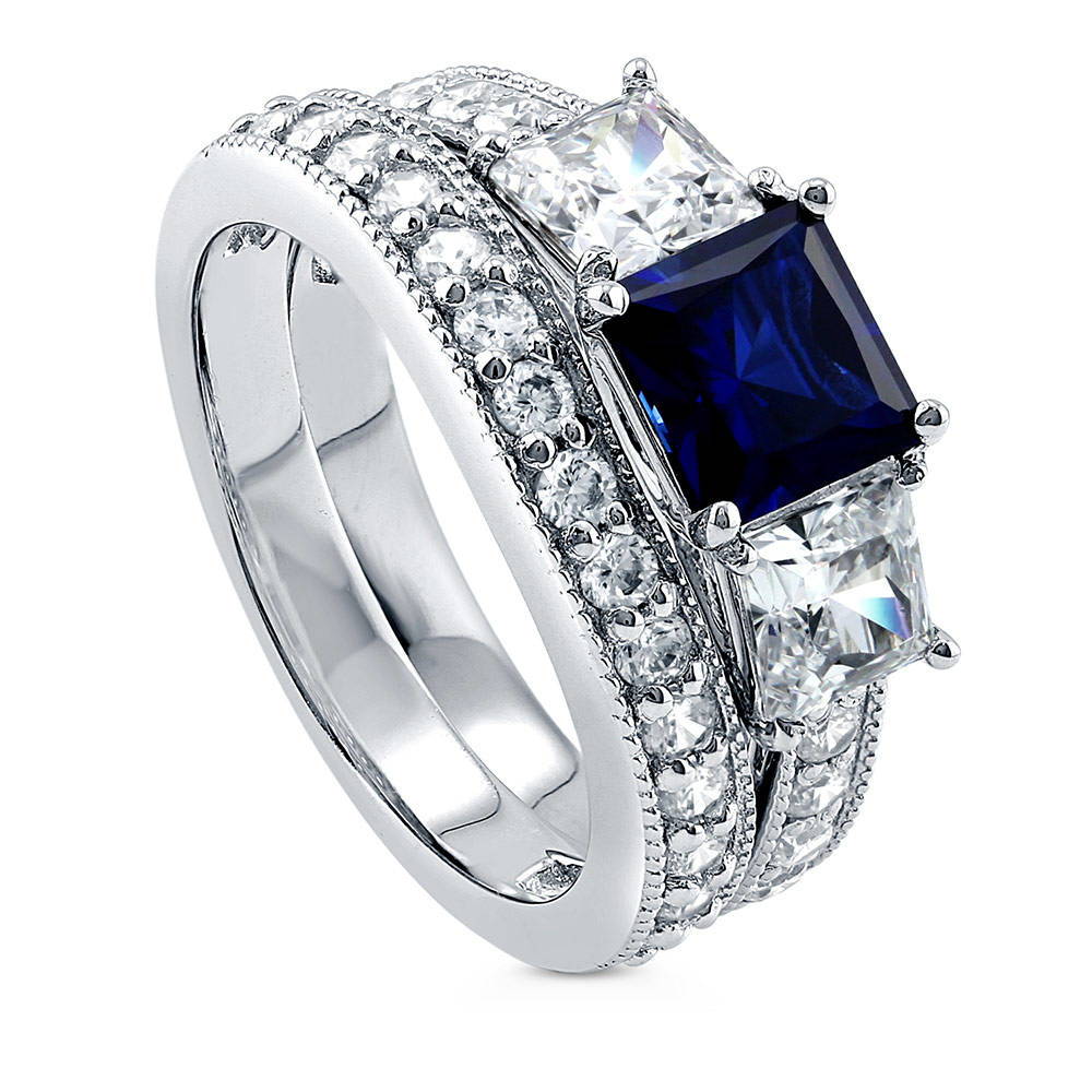 Front view of 3-Stone Simulated Blue Sapphire Princess CZ Ring Set in Sterling Silver