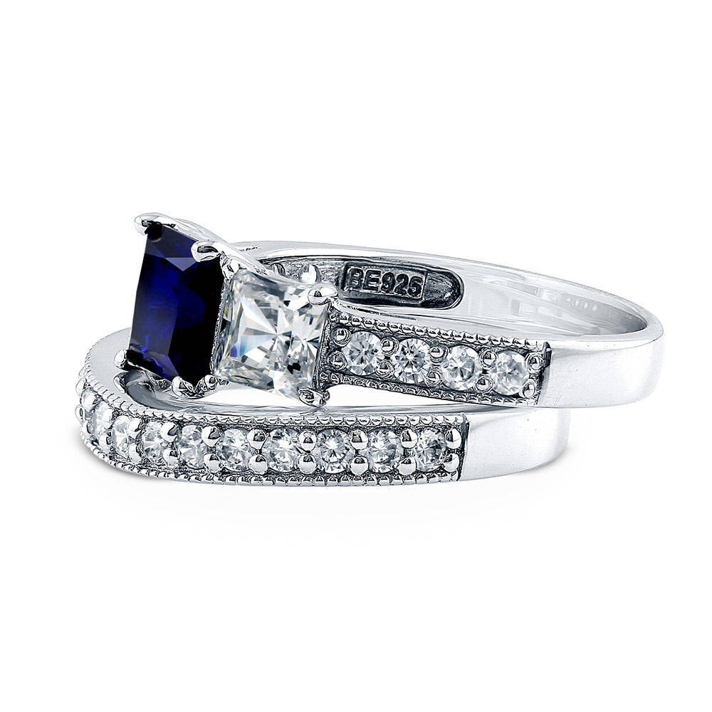 Angle view of 3-Stone Simulated Blue Sapphire Princess CZ Ring Set in Sterling Silver