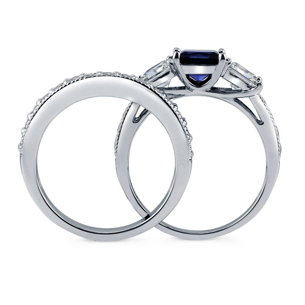 Alternate view of 3-Stone Simulated Blue Sapphire Princess CZ Ring Set in Sterling Silver