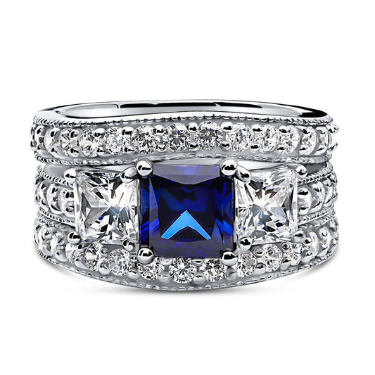 3-Stone Simulated Blue Sapphire Princess CZ Ring Set in Sterling Silver