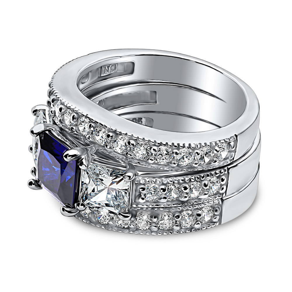 Angle view of 3-Stone Simulated Blue Sapphire Princess CZ Ring Set in Sterling Silver