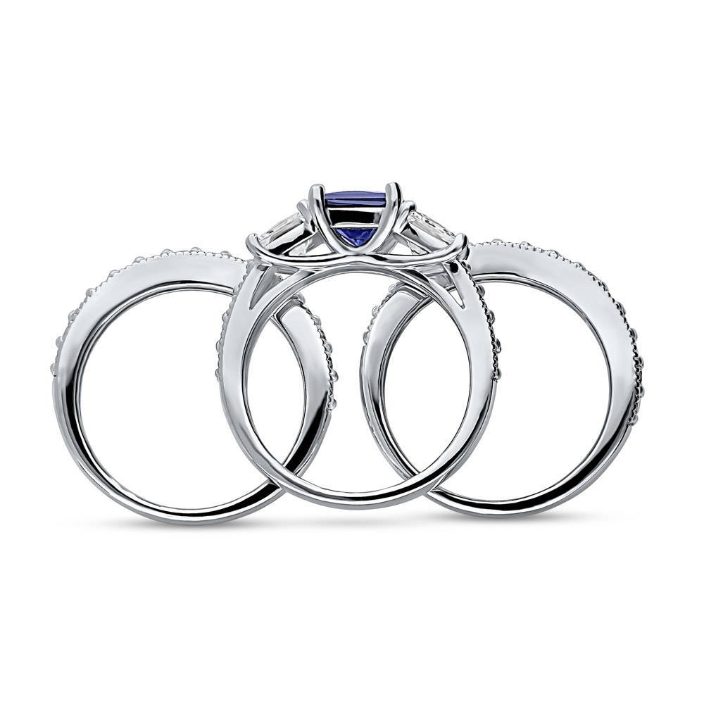 Alternate view of 3-Stone Simulated Blue Sapphire Princess CZ Ring Set in Sterling Silver