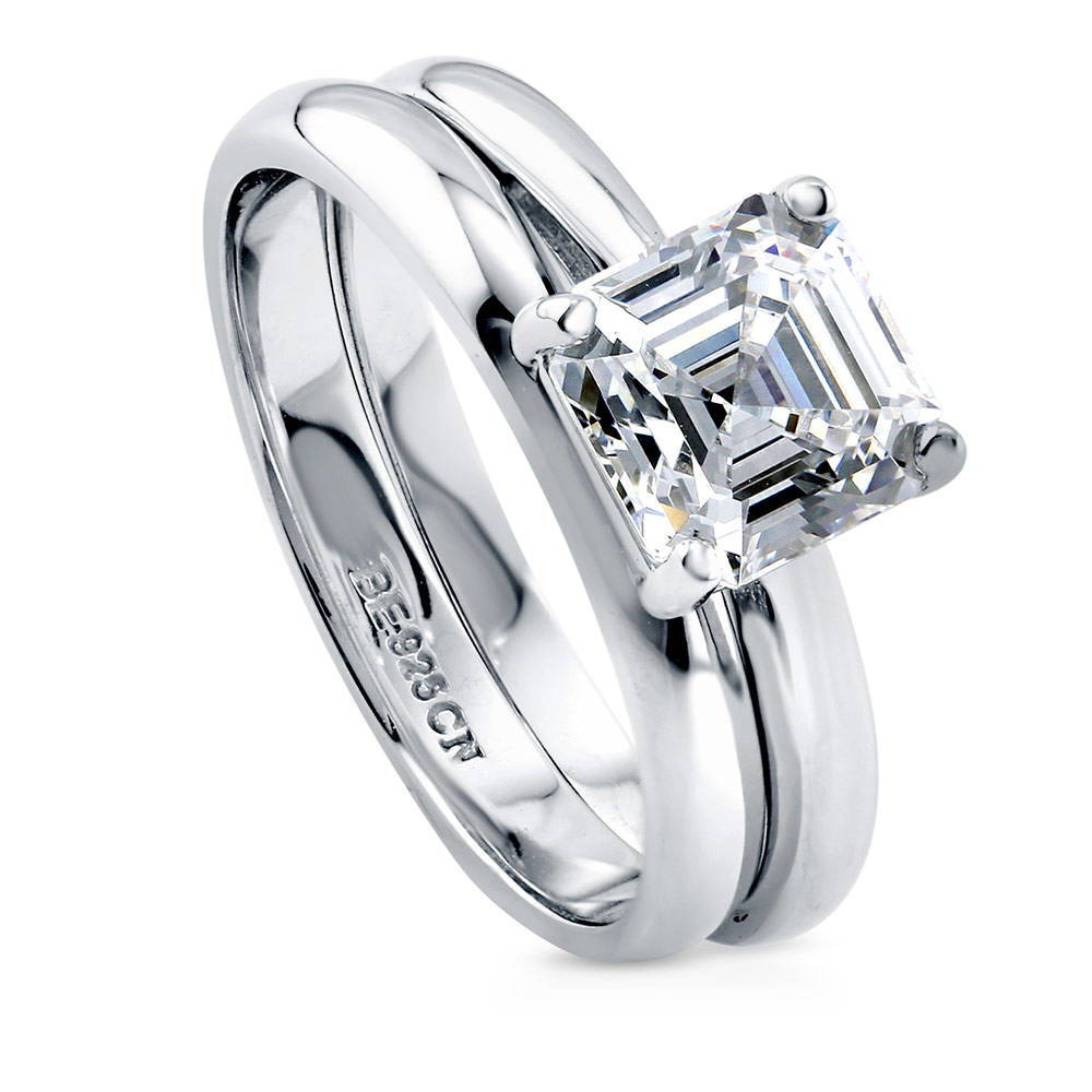 Front view of Solitaire 2ct Asscher CZ Ring Set in Sterling Silver