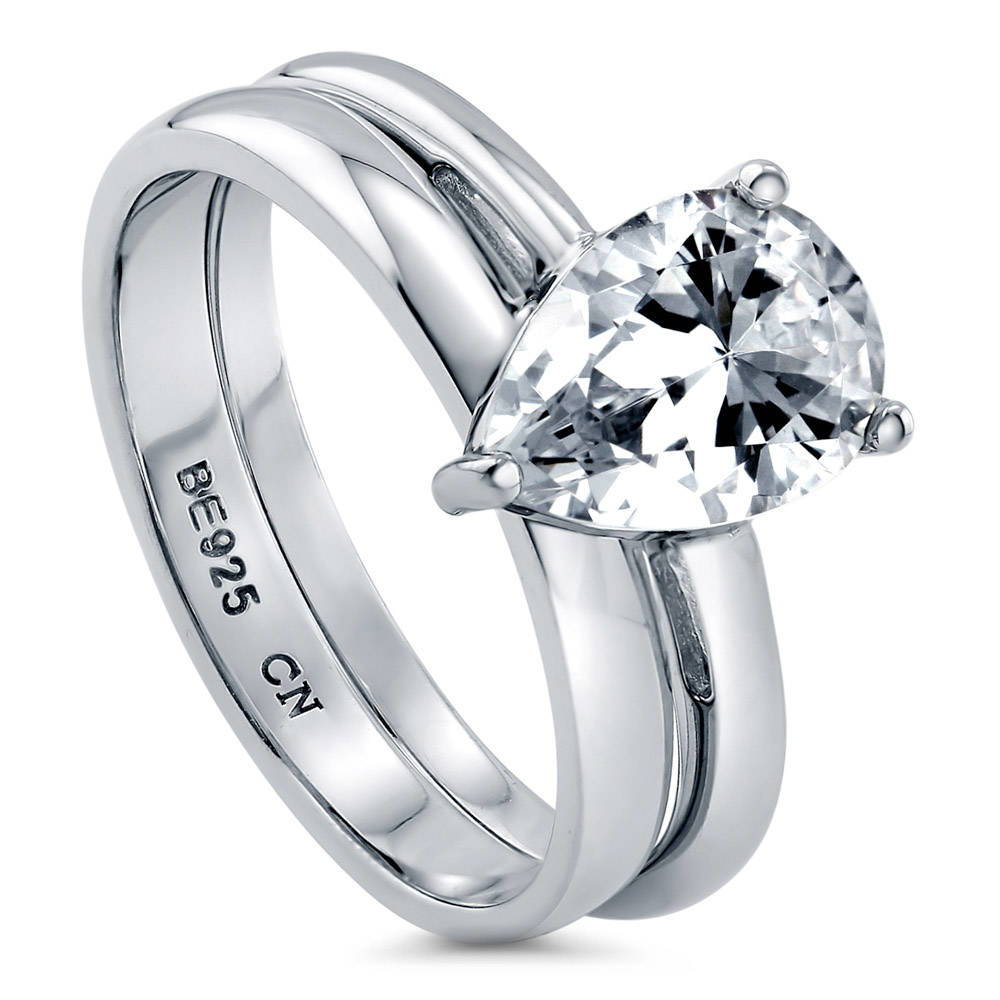 Front view of Solitaire 1.8ct Pear CZ Ring Set in Sterling Silver