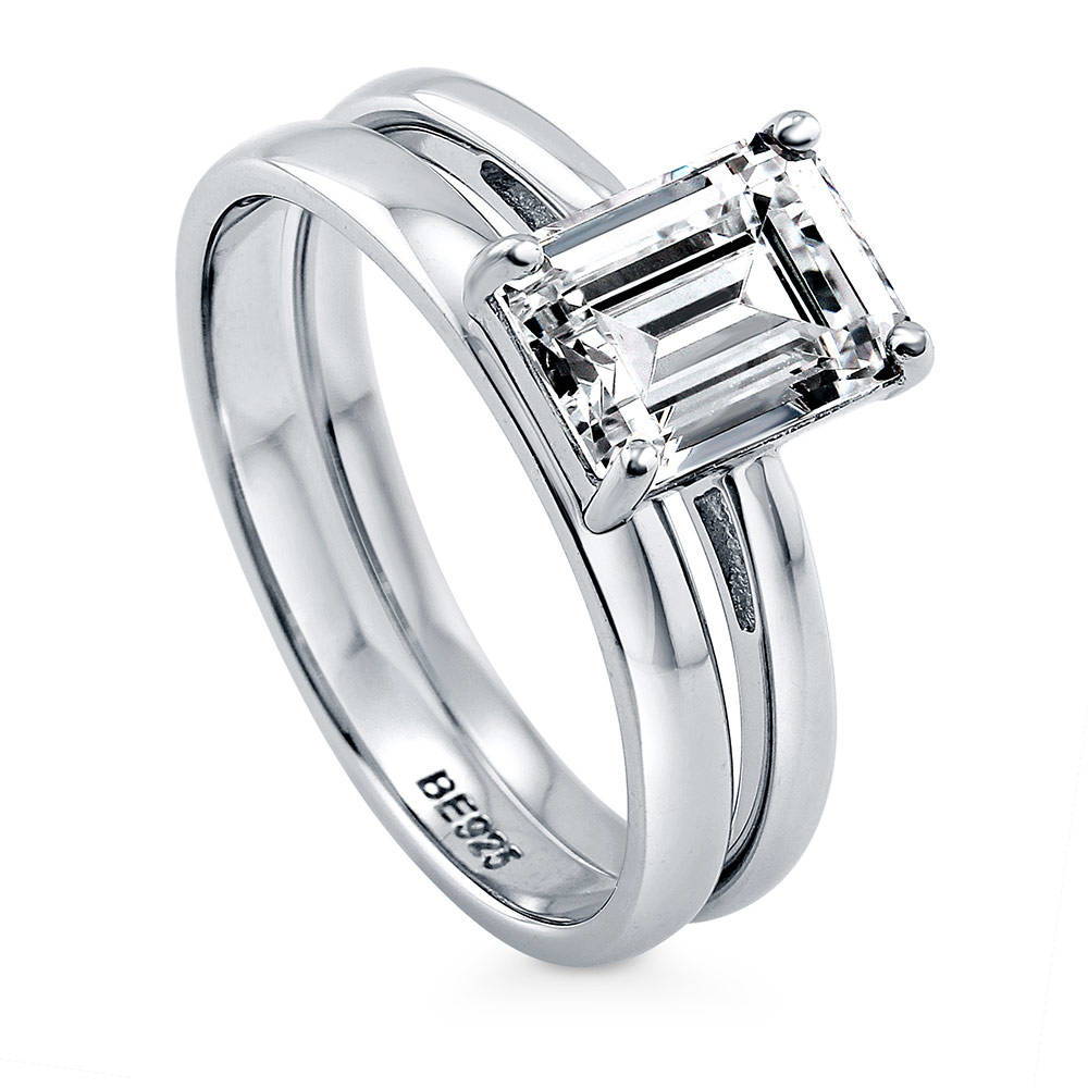 Solitaire 2.1ct Emerald Cut CZ Ring Set in Sterling Silver