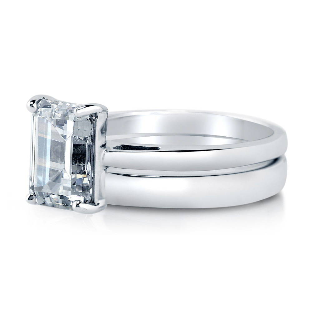 Angle view of Solitaire 2.1ct Emerald Cut CZ Ring Set in Sterling Silver
