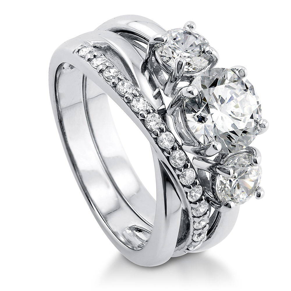 3-Stone Criss Cross Round CZ Ring Set in Sterling Silver, 4 of 14