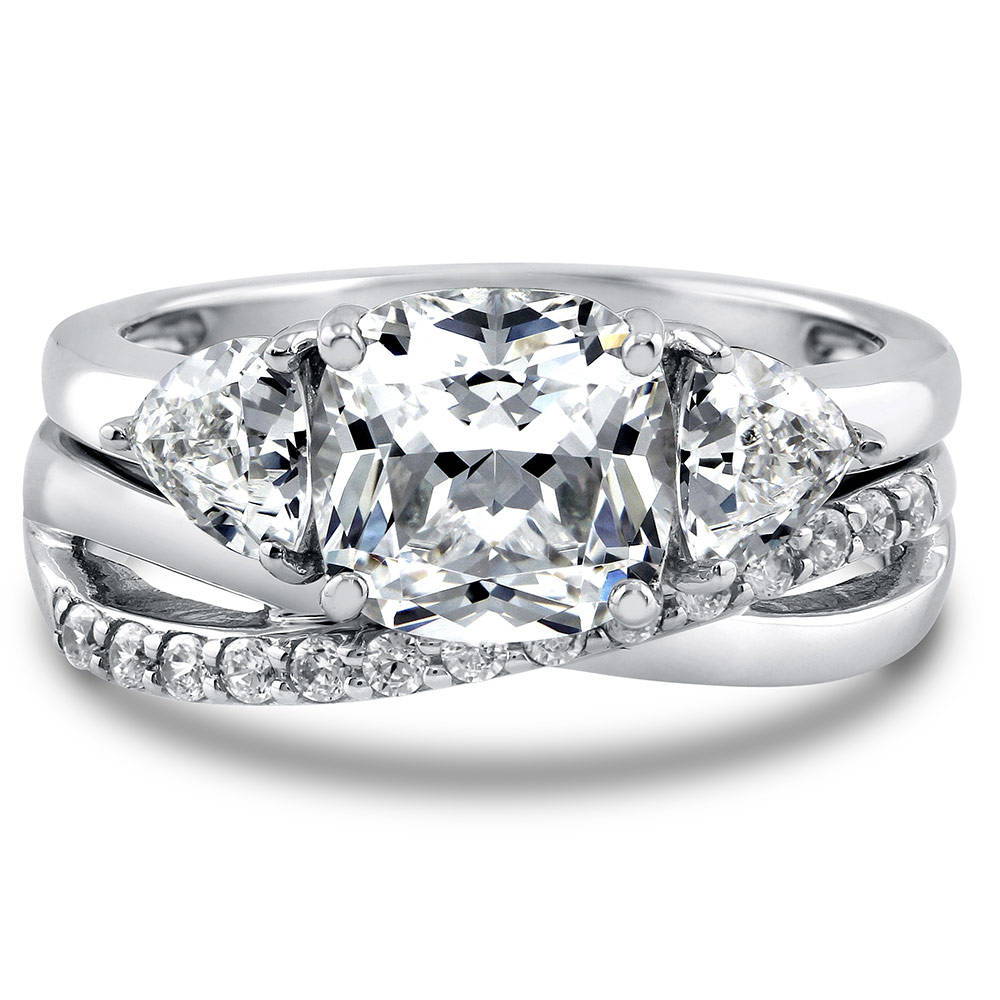 3-Stone Criss Cross Cushion CZ Ring Set in Sterling Silver, 1 of 15