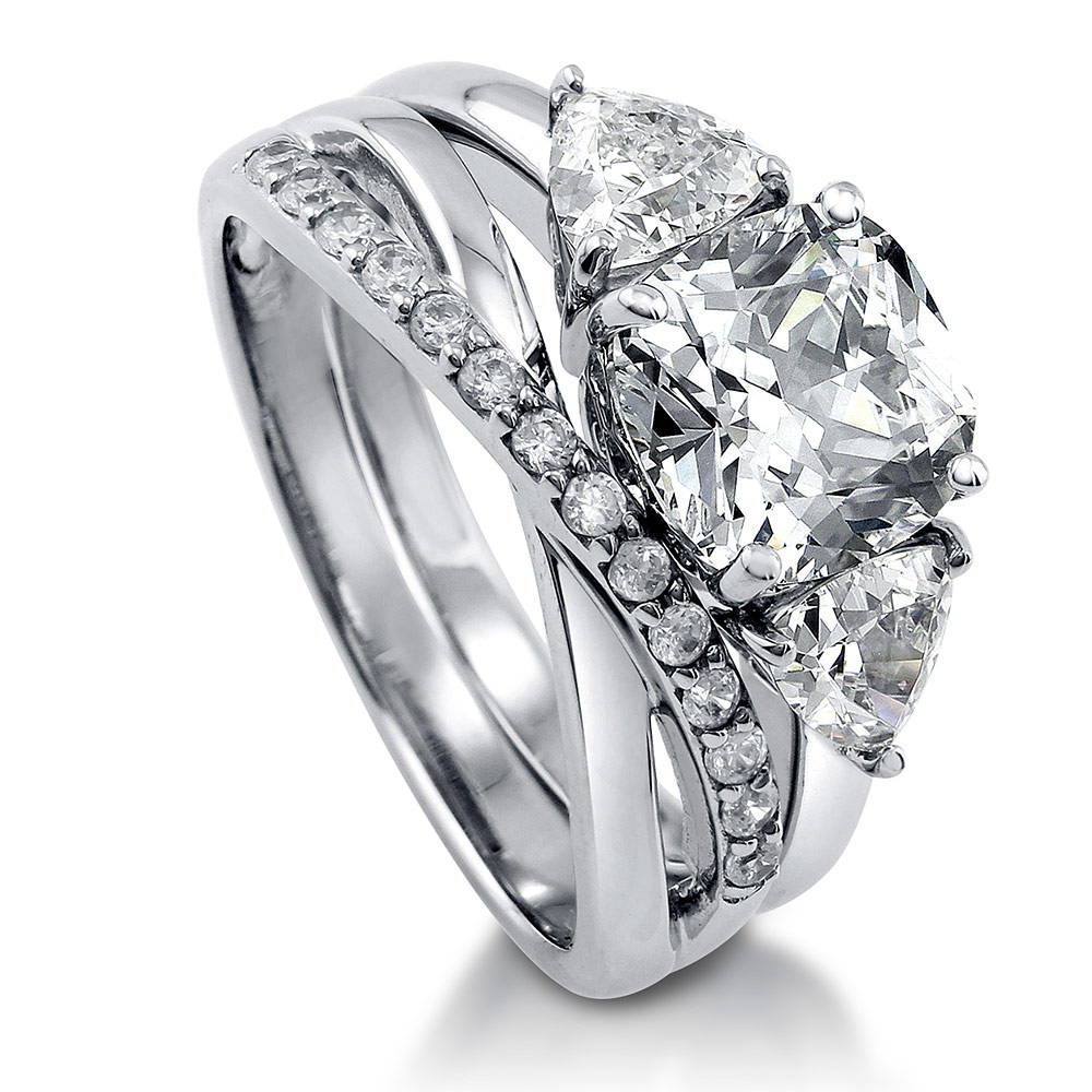 Front view of 3-Stone Criss Cross Cushion CZ Ring Set in Sterling Silver, 3 of 14