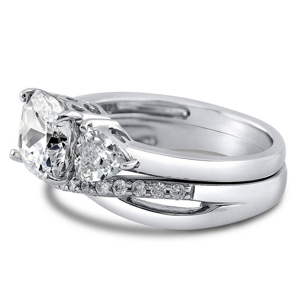 Angle view of 3-Stone Criss Cross Cushion CZ Ring Set in Sterling Silver, 4 of 14