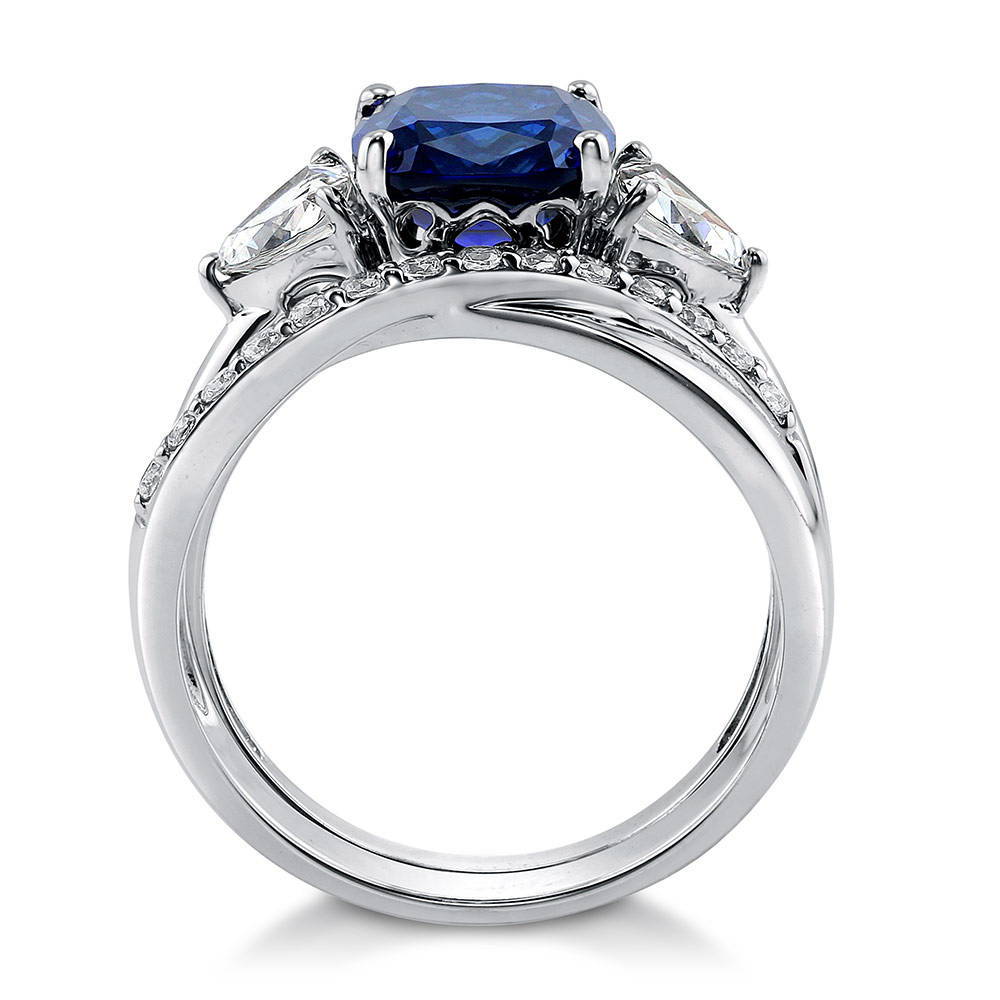 Alternate view of 3-Stone Simulated Blue Sapphire Cushion CZ Ring Set in Sterling Silver
