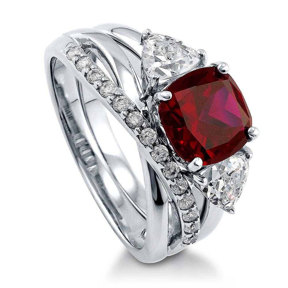 Front view of 3-Stone Simulated Ruby Cushion CZ Ring Set in Sterling Silver