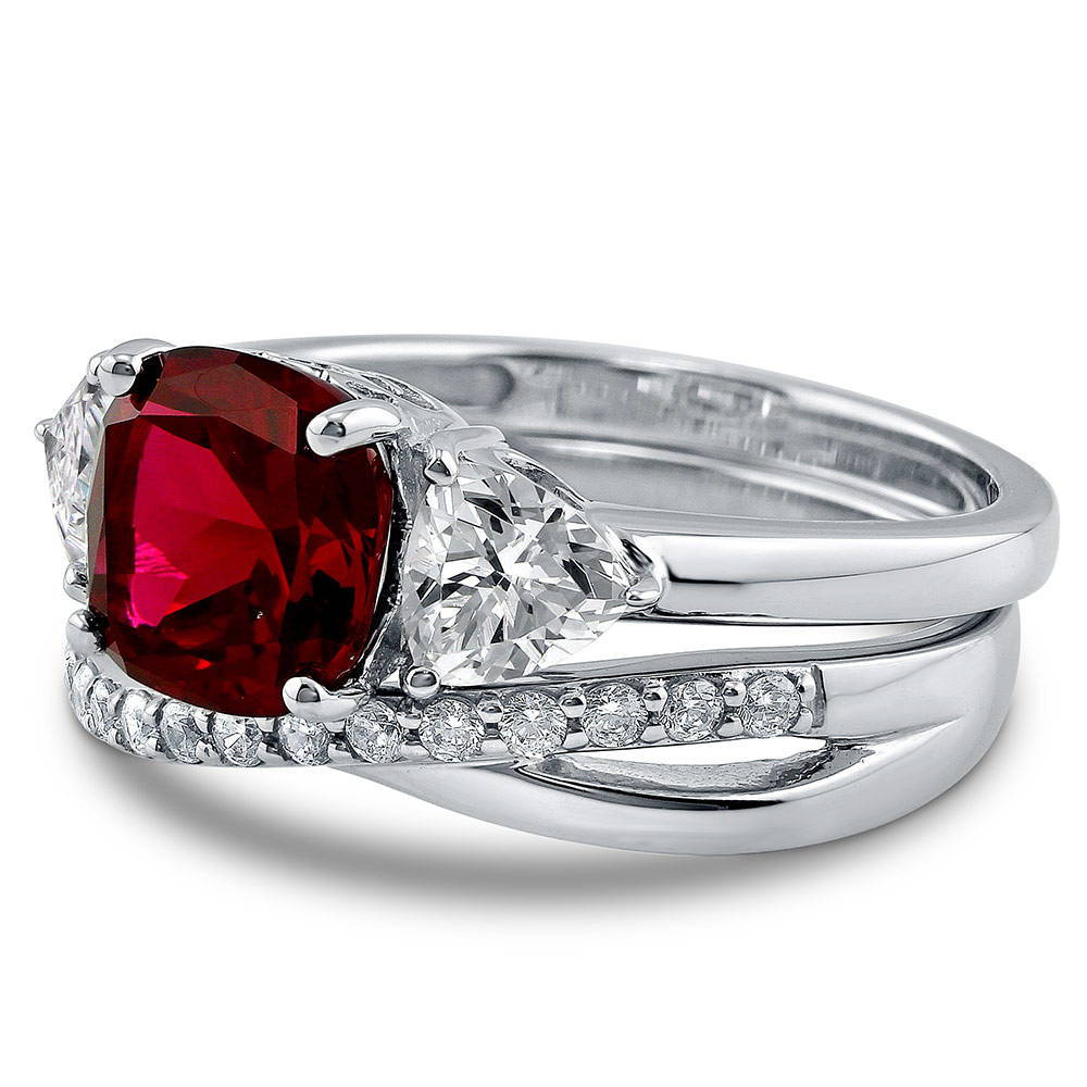 Angle view of 3-Stone Simulated Ruby Cushion CZ Ring Set in Sterling Silver
