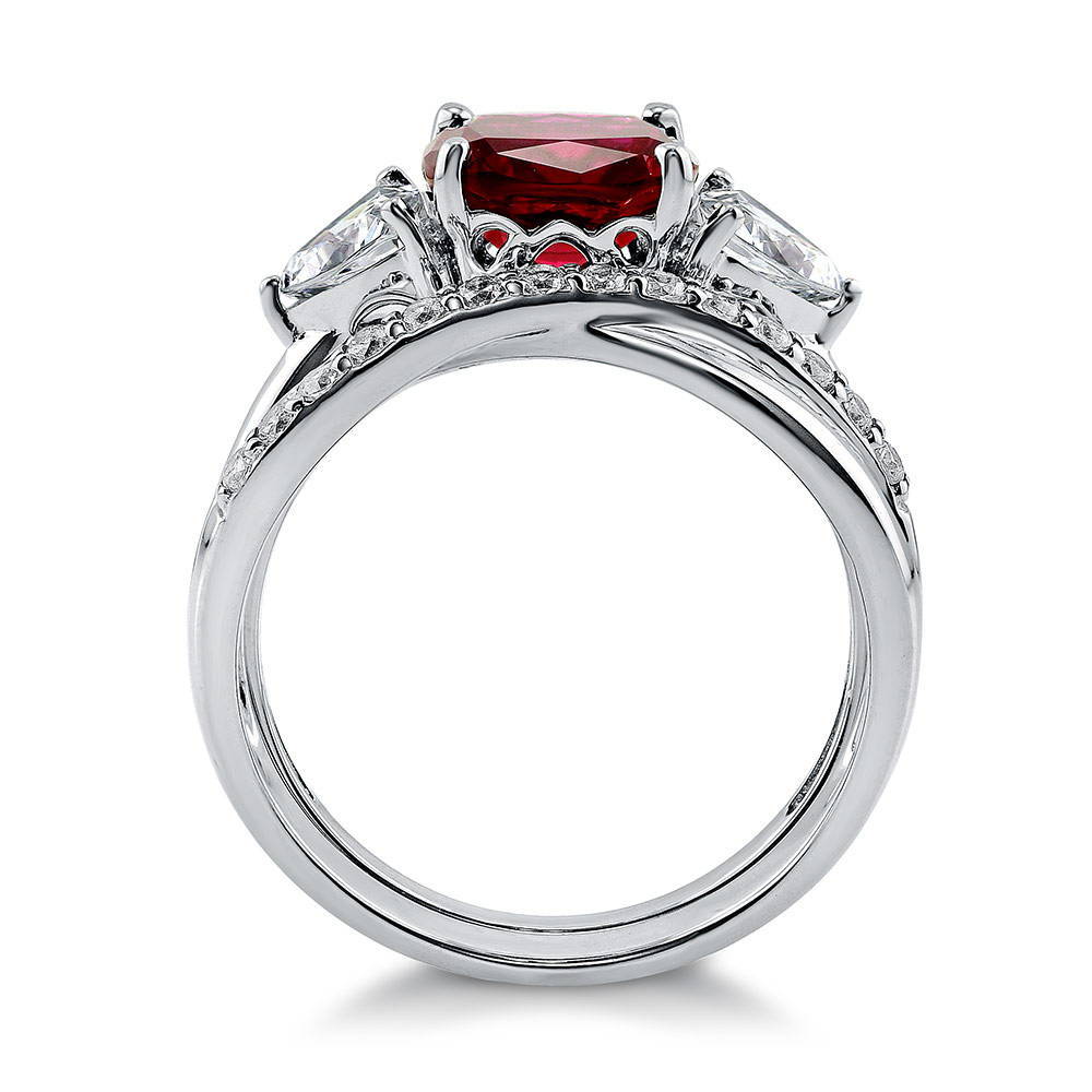 Alternate view of 3-Stone Simulated Ruby Cushion CZ Ring Set in Sterling Silver