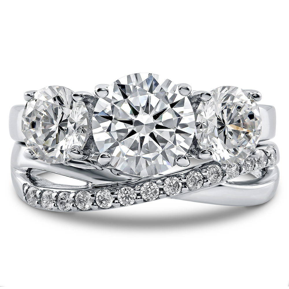 Sterling Silver 3-Stone Round CZ Wedding Engagement Ring Set