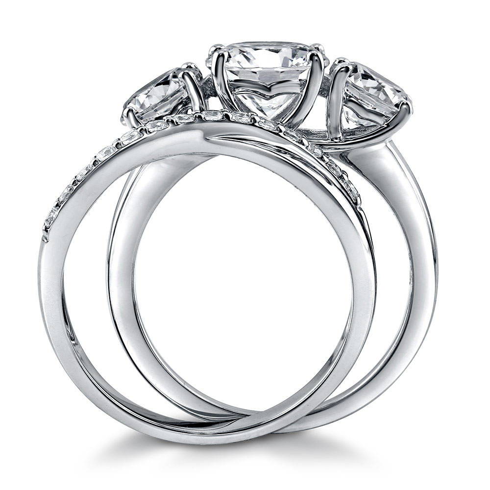Alternate view of 3-Stone Criss Cross Round CZ Ring Set in Sterling Silver