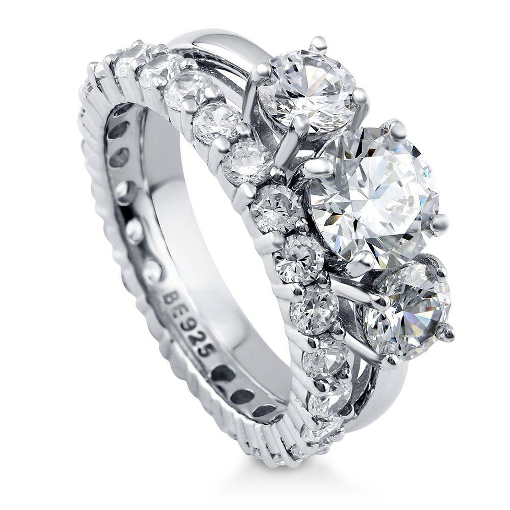 3-Stone Round CZ Ring Set in Sterling Silver