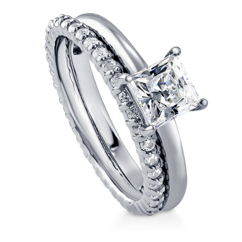 Front view of Solitaire 1ct Princess CZ Ring Set in Sterling Silver