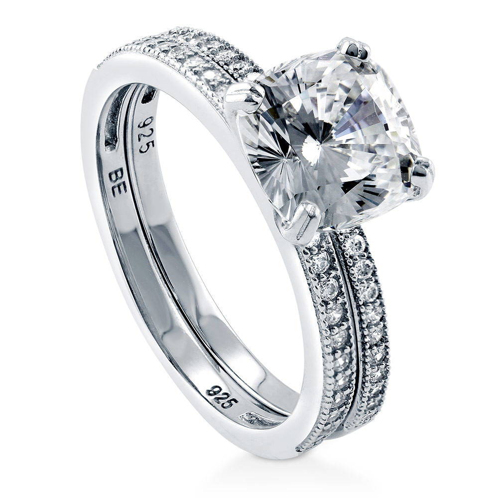 Solitaire 3ct Cushion CZ Ring Set in Sterling Silver, front view