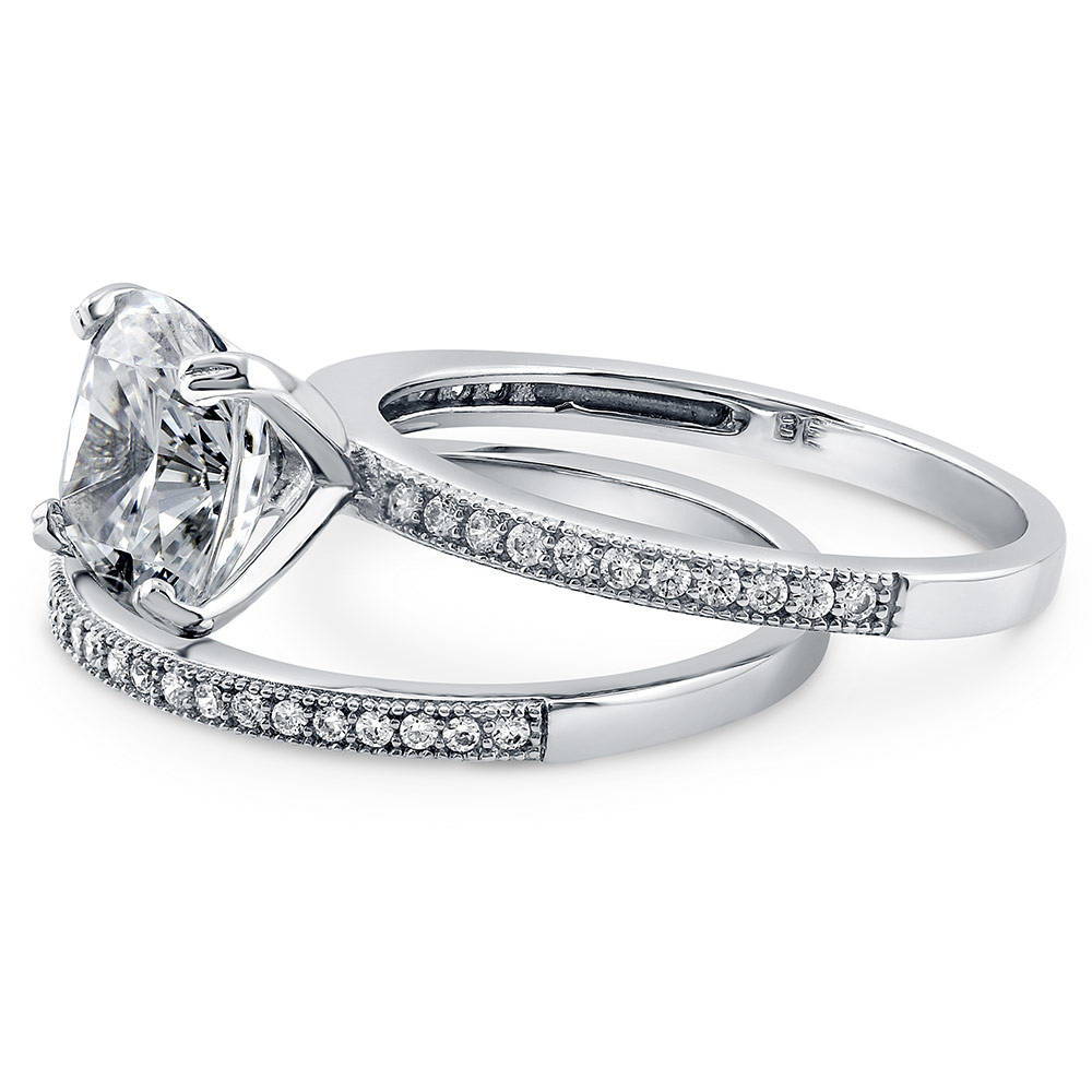 Solitaire 3ct Cushion CZ Ring Set in Sterling Silver, side view
