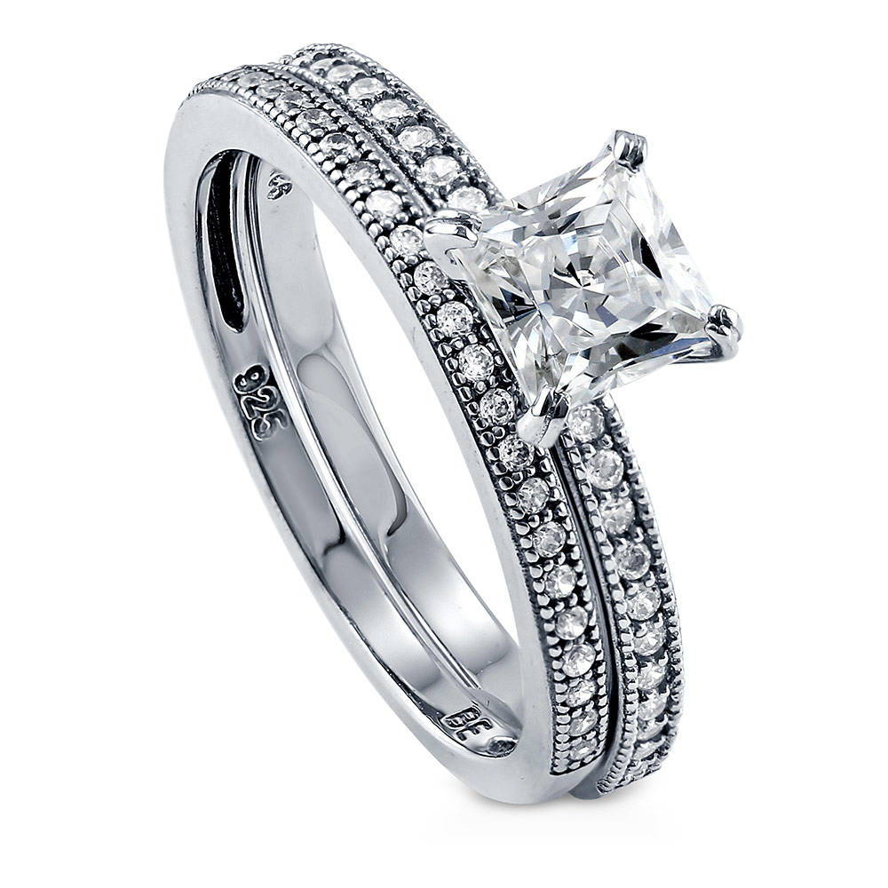 Front view of Solitaire 1ct Princess CZ Ring Set in Sterling Silver