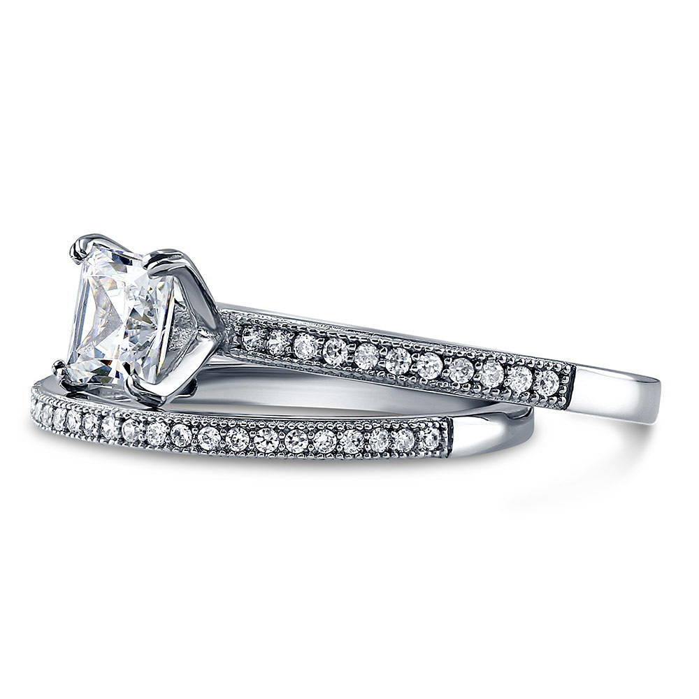 Angle view of Solitaire 1ct Princess CZ Ring Set in Sterling Silver